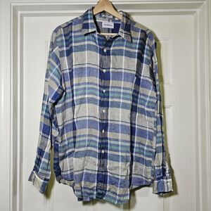 Saks Fifth Avenue Men’s 100% Linen Tan Blue Plaid Buttondown Long sleeve Large